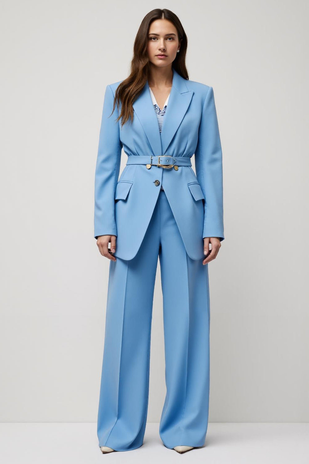 2 Piece Blue Peak Lapel Wide Leg Satin Business Suits with Belt