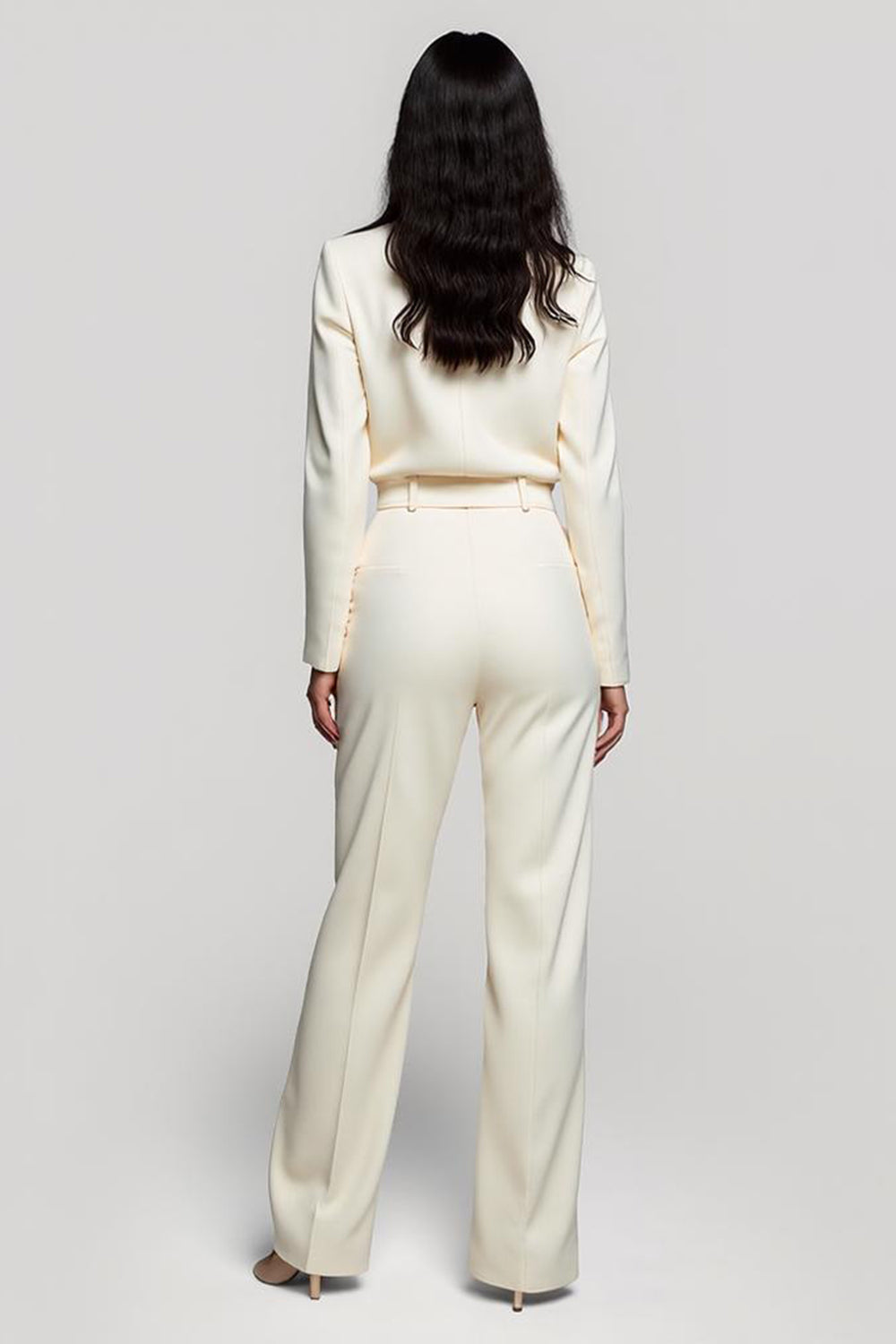 Ivory Shawl Lapel Long Sleeves Work Jumpsuits with Belt