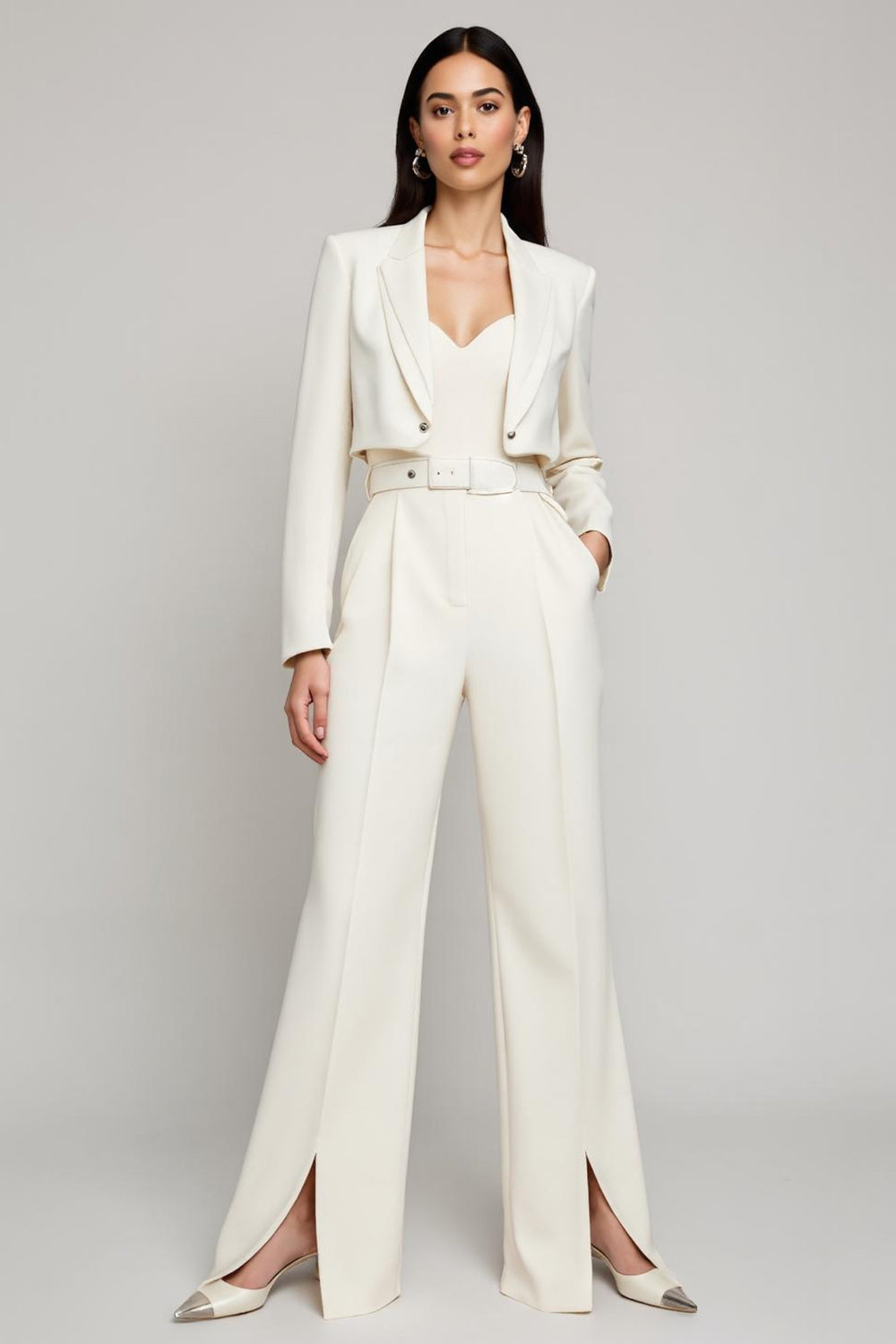 2 Piece Ivory Satin Peak Lapel Long Sleeves Business Suits with Belt