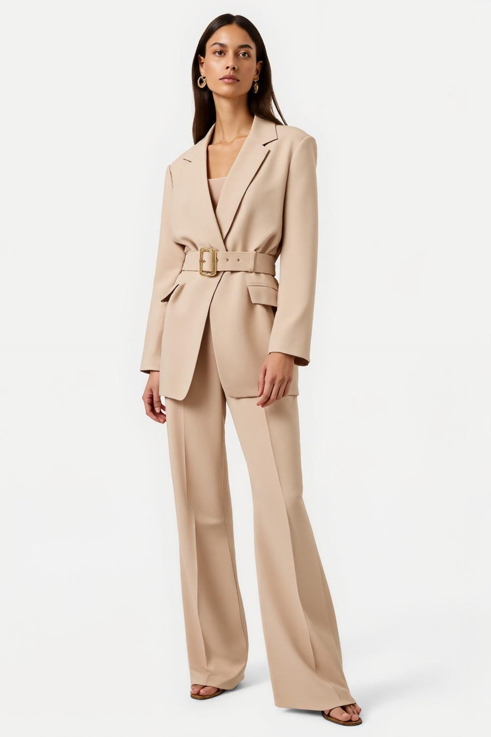 2 Piece Apricot Notched Lapel Long Sleeves Business Suits with Belt