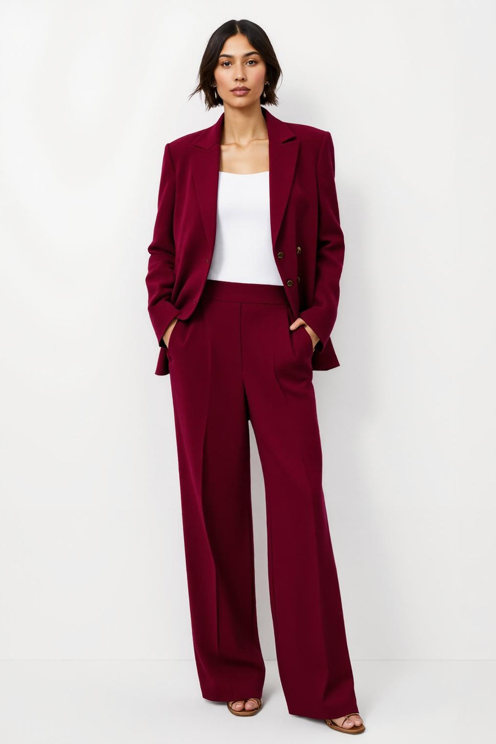2 Piece Burgundy Satin Notched Lapel Business Suits with Pockets