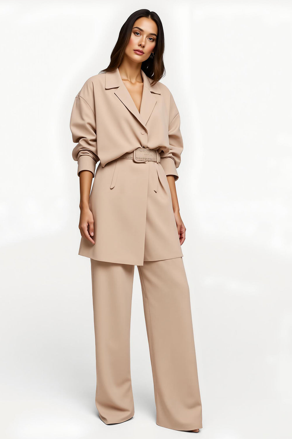 2 Piece Apricot Wide Leg Notched Lapel Women Business Suits with Belt