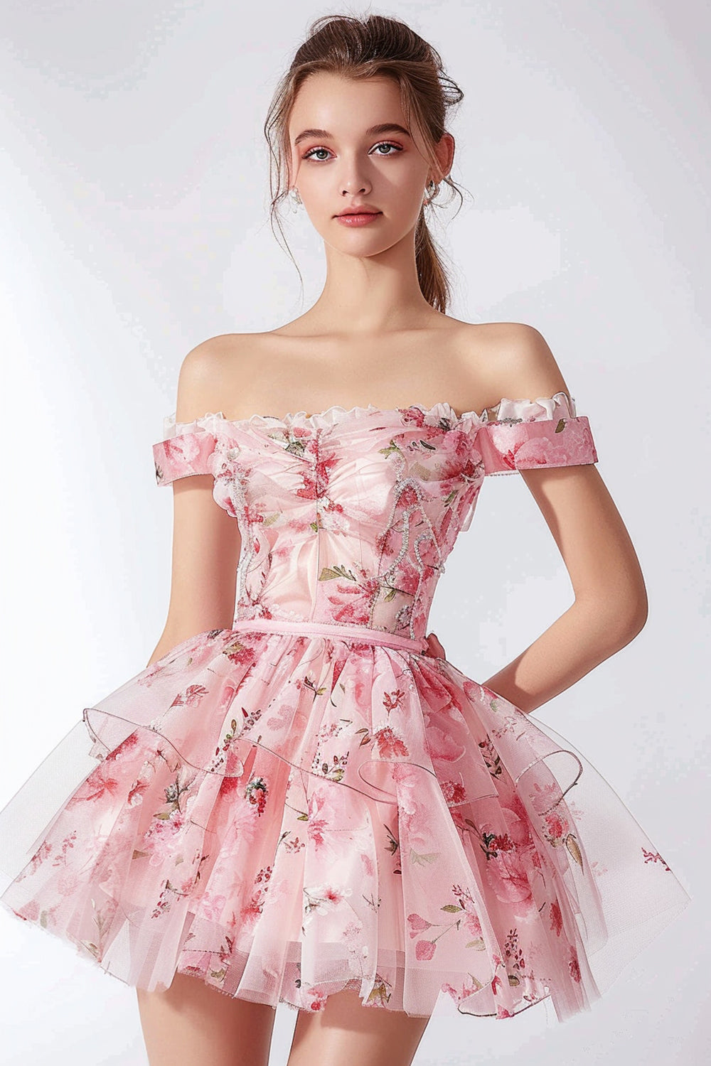 Floral Pink Tiered Off the Shoulder Short Homecoming Dress with Ruffles