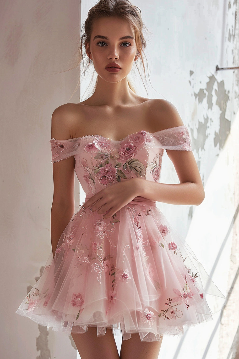 Floral Pink Off the Shoulder Short Homecoming Dress with Ruffles