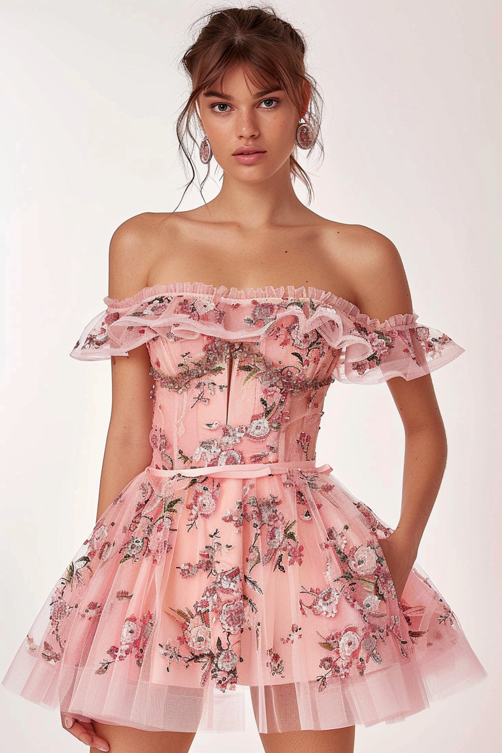 Sparkly Pink Tulle A Line Short Floral Homecoming Dress with Ruffles