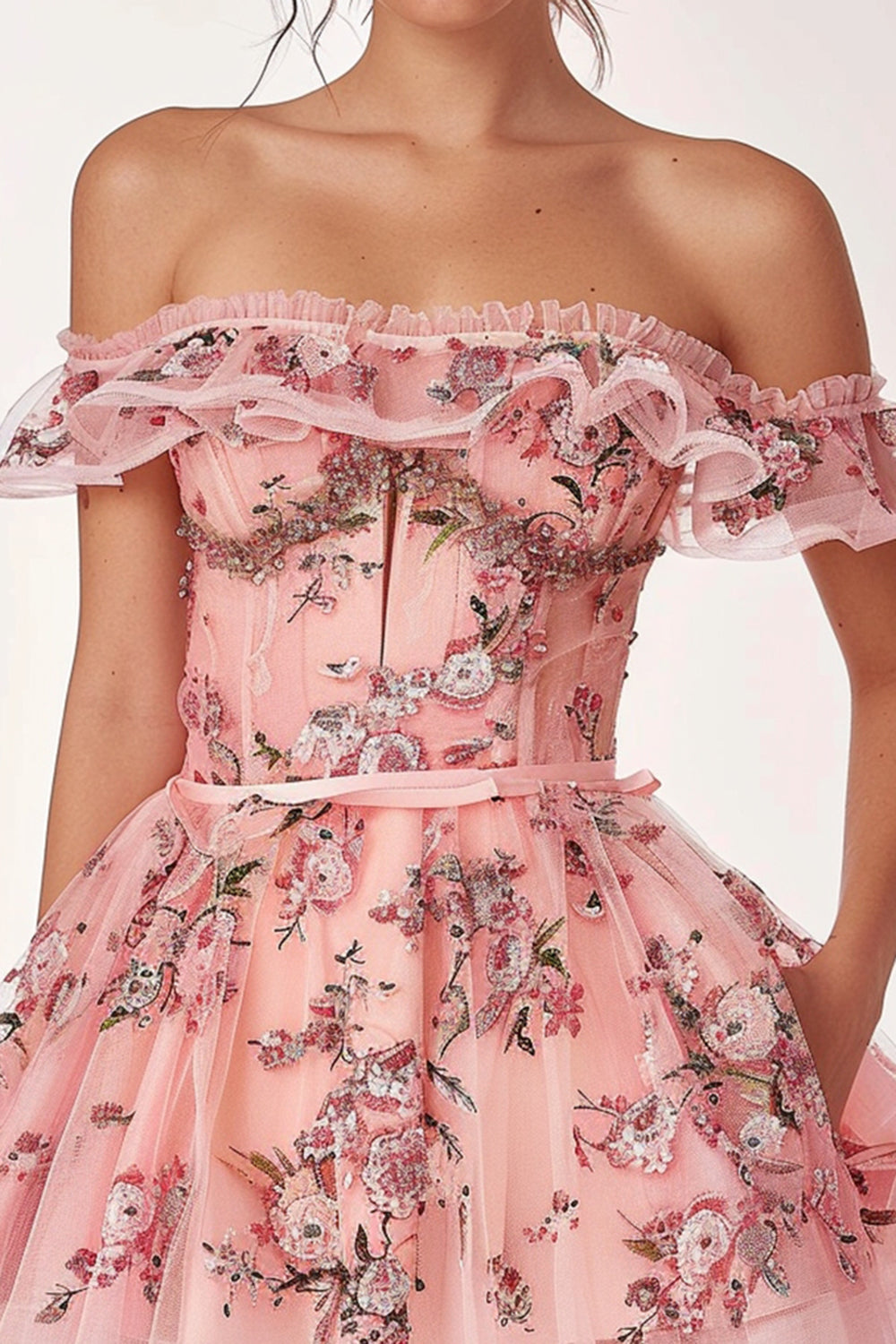 Sparkly Pink Tulle A Line Short Floral Homecoming Dress with Ruffles
