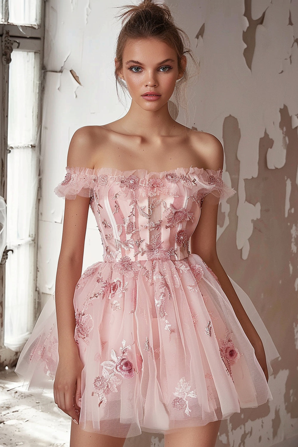 Floral Pink Corset Tulle Short Homecoming Dress with Ruffles