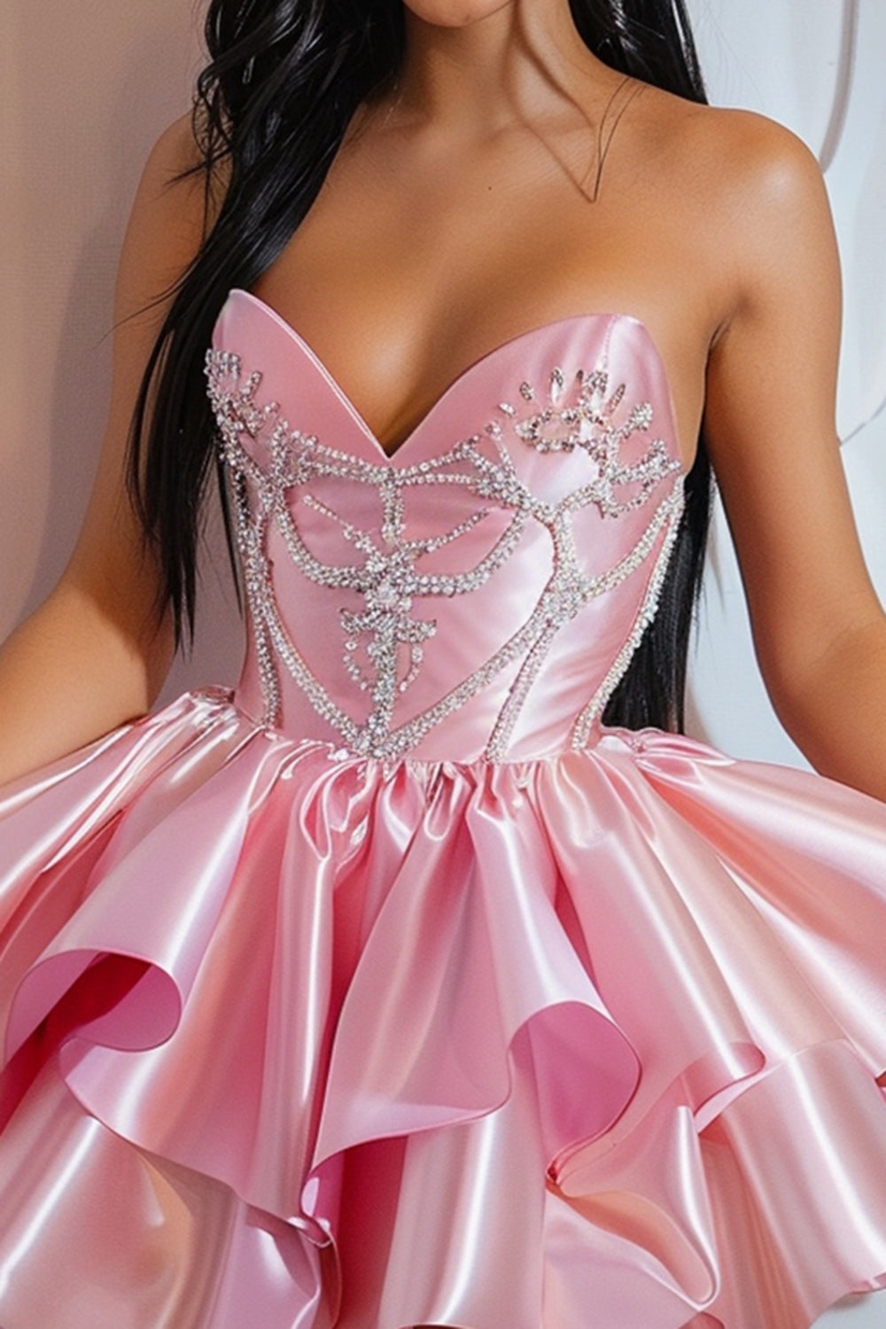 Sparkly Pink Strapless Satin Short Ruffled Homecoming Dress with Beading