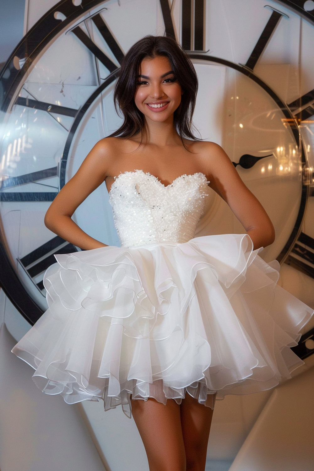 Sparkly White Sweetheart Short Ruffled Homecoming Dress with Sequins