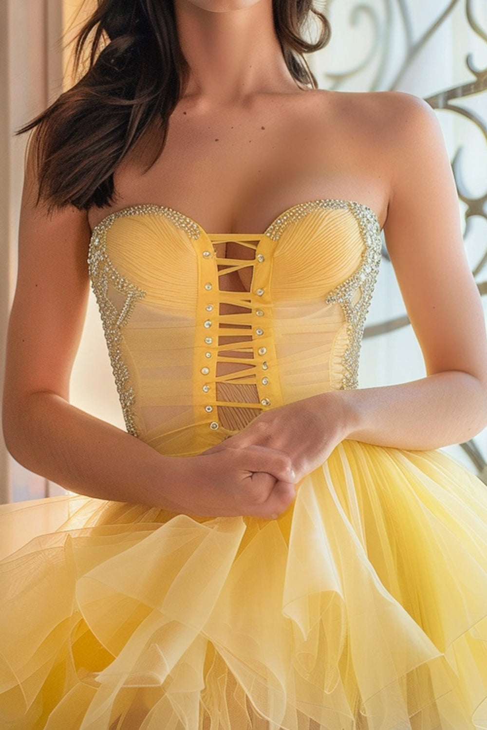 Sparkly Yellow Lace Up Front Strapless Short Homecoming Dress with Ruffles