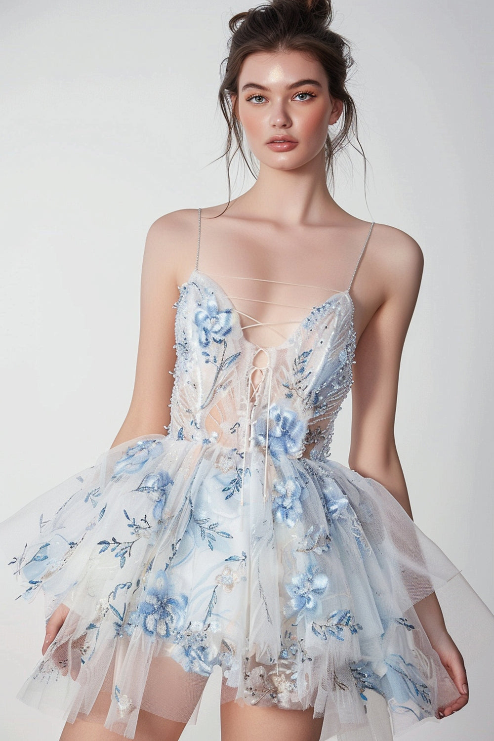 Sparkly White and Blue Lace Up Front Short Floral Homecoming Dress with Ruffles