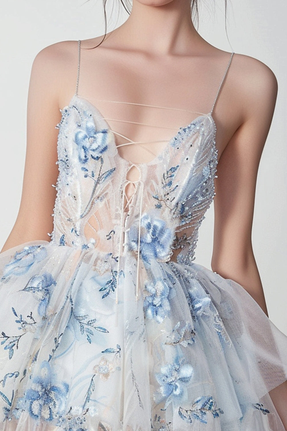 Sparkly White and Blue Lace Up Front Short Floral Homecoming Dress with Ruffles