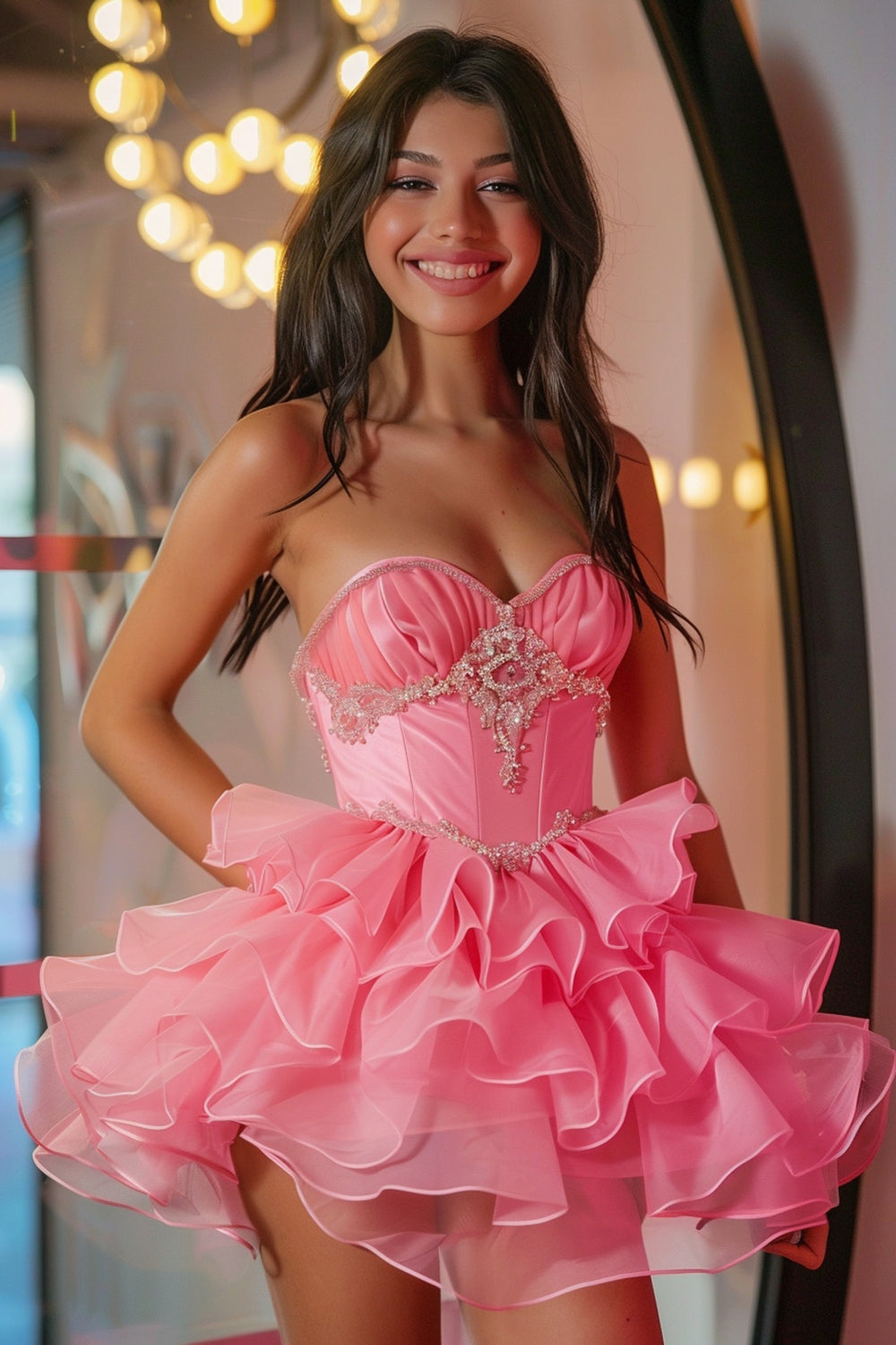 Sparkly Hot Pink Sweetheart Short Corset Homecoming Dress with Ruffles