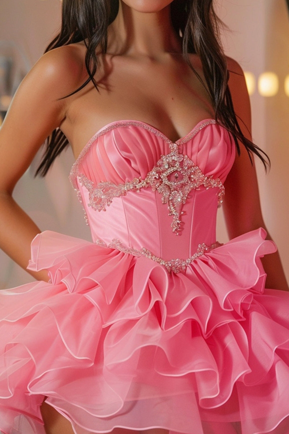 Sparkly Hot Pink Sweetheart Short Corset Homecoming Dress with Ruffles