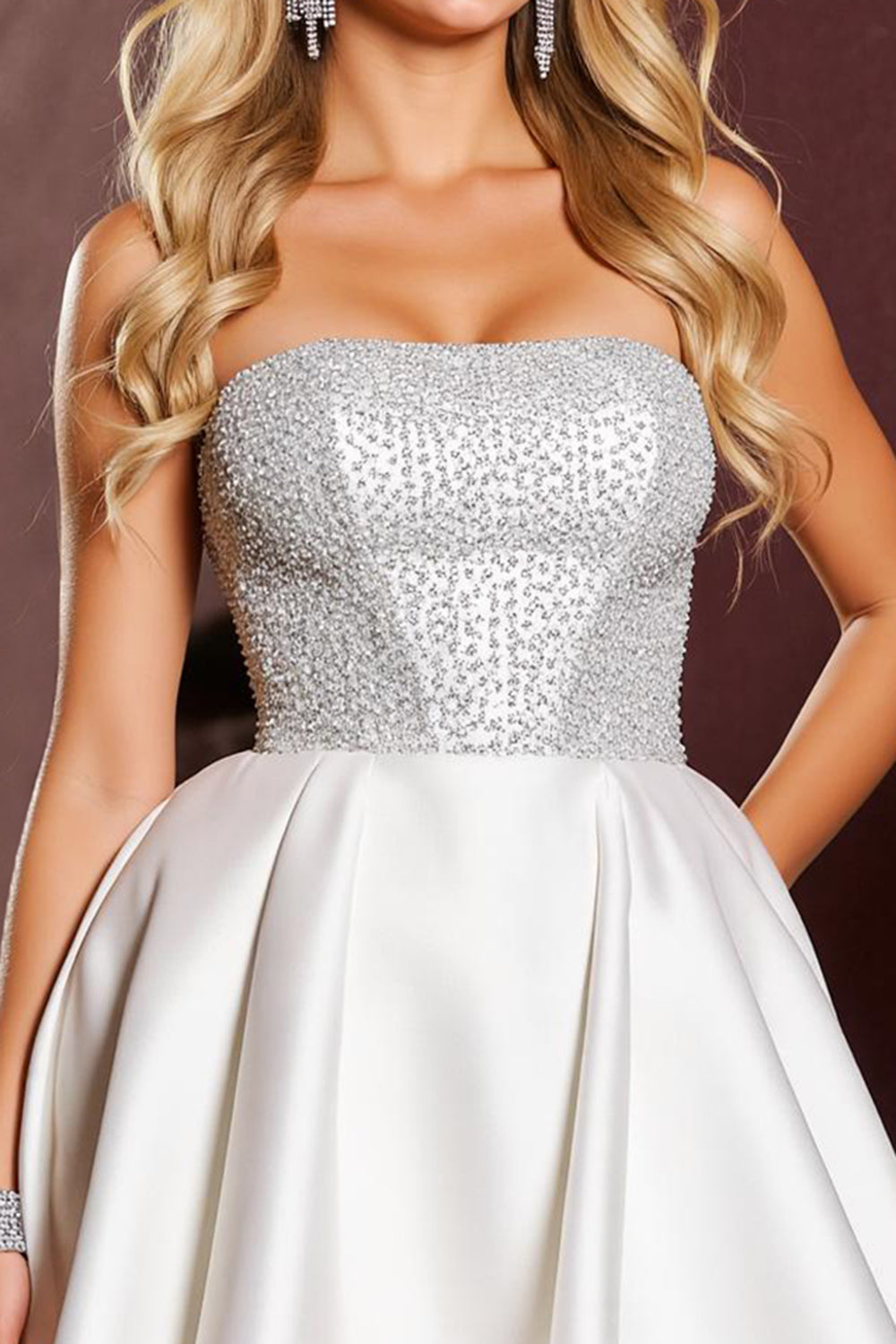 Sparkly White Satin Strapless Short Homecoming Dress with Beading