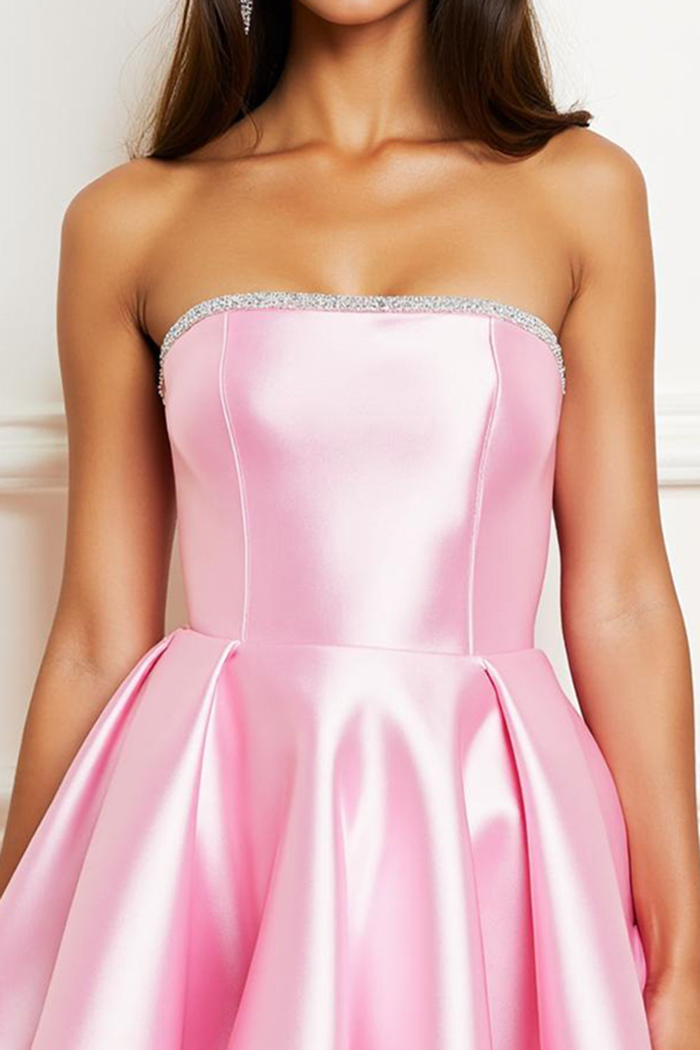 Sparkly Pink Strapless Short Satin Homecoming Dress with Beading