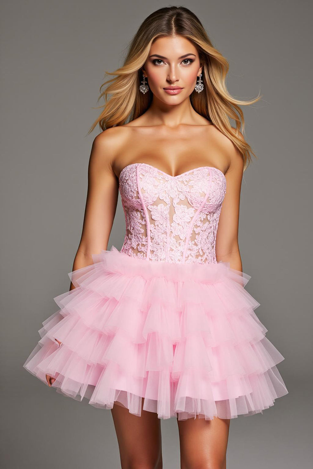 Pink Sweetheart Corset Short Ruffled Homecoming Dress with Lace