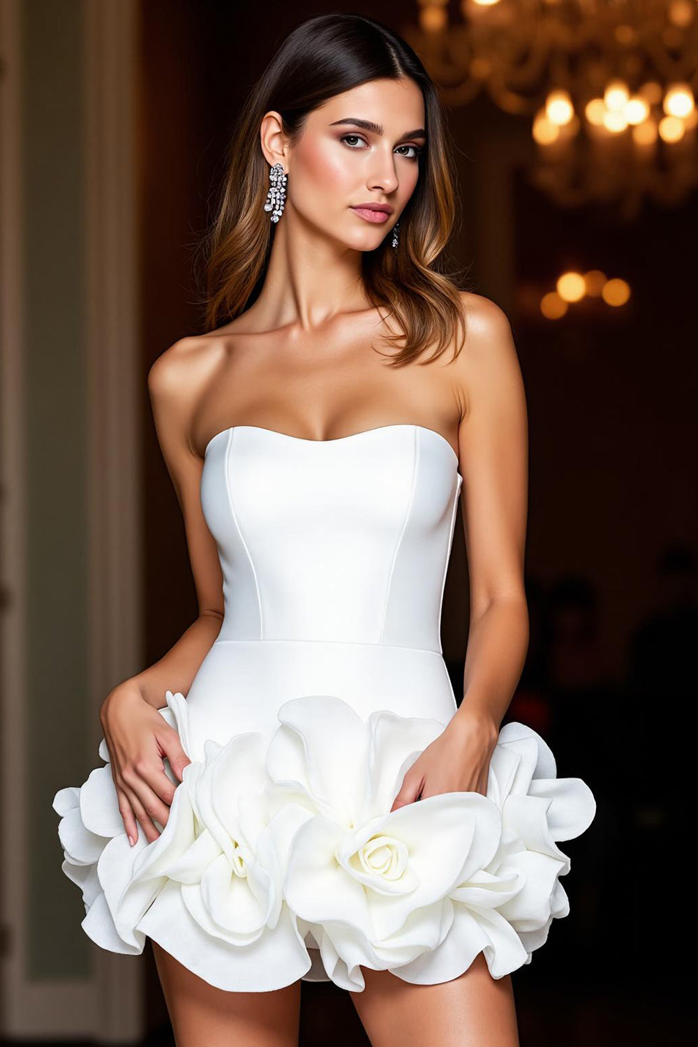Floral White Strapless Tight Short Satin Homecoming Dress