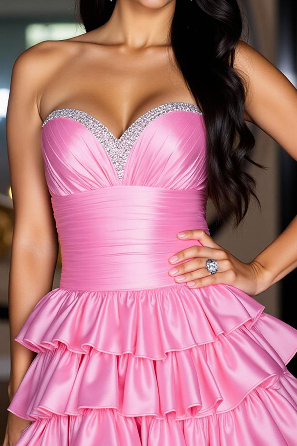 Hot Pink Tiered Short Satin Homecoming Dress with Beading