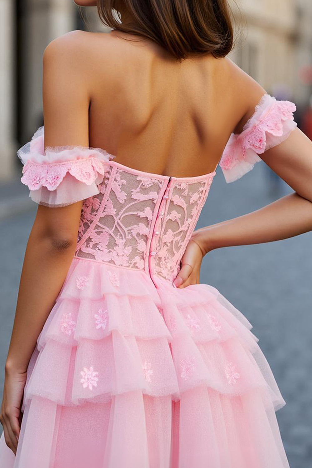 Pink Tulle A Line Short Corset Homecoming Dress with Appliques