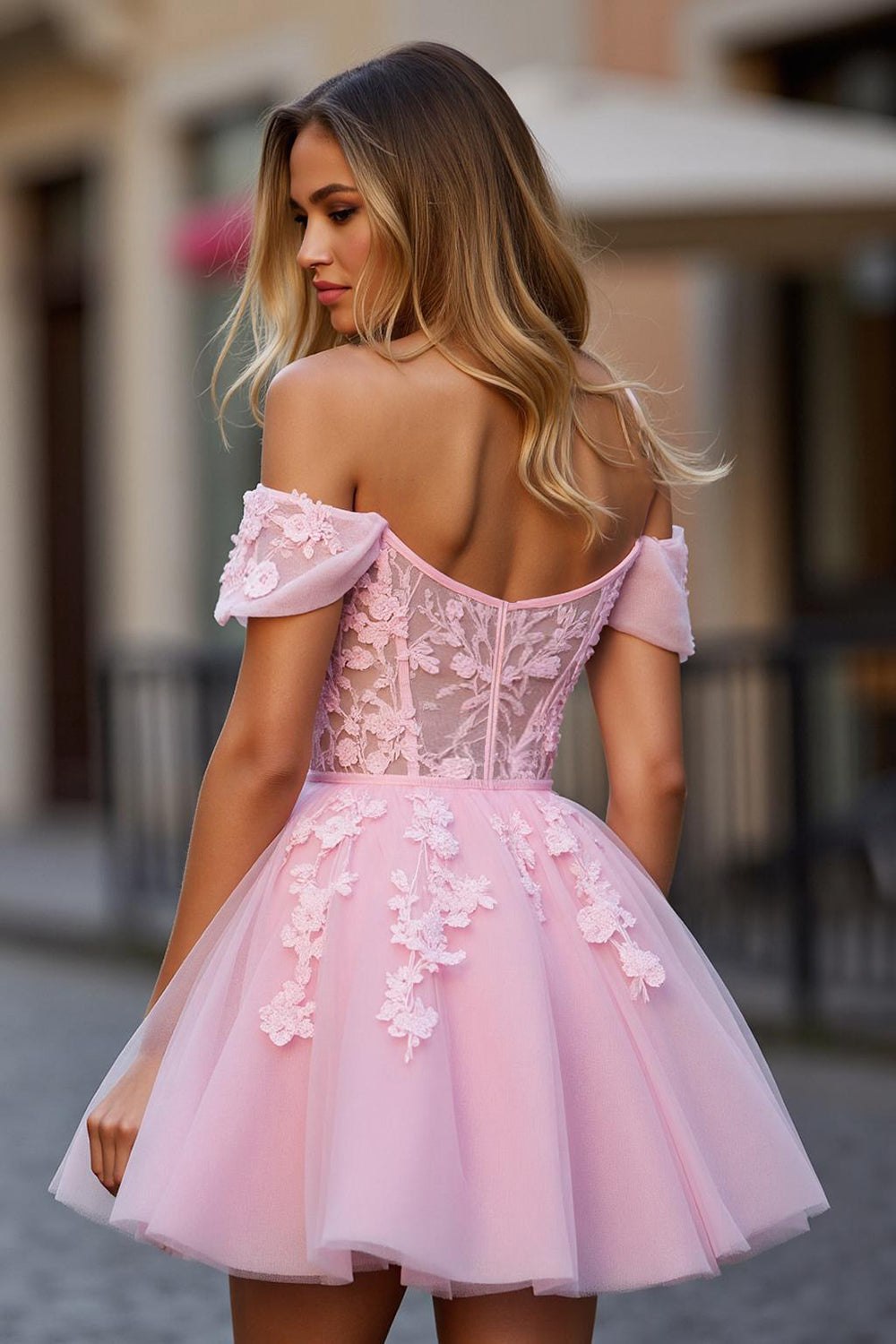 Floral Pink Tulle Off the Shoulder Short Corset Homecoming Dress