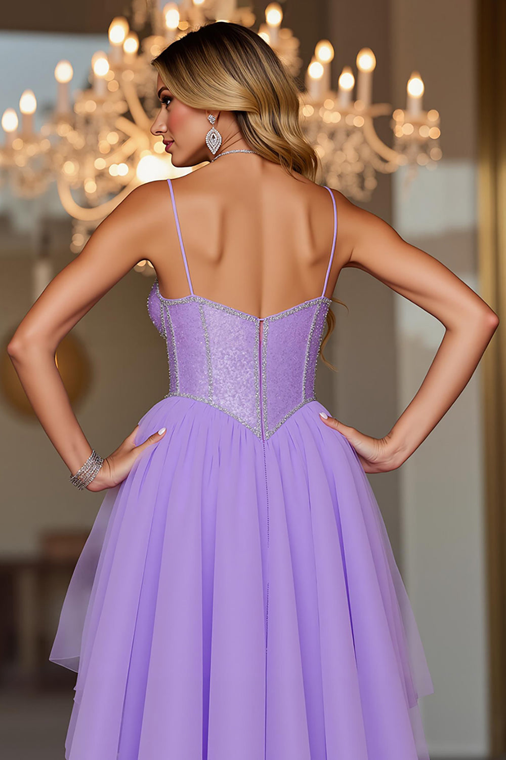 Sparkly Purple Spaghetti Straps High-Low Corset Homecoming Dress