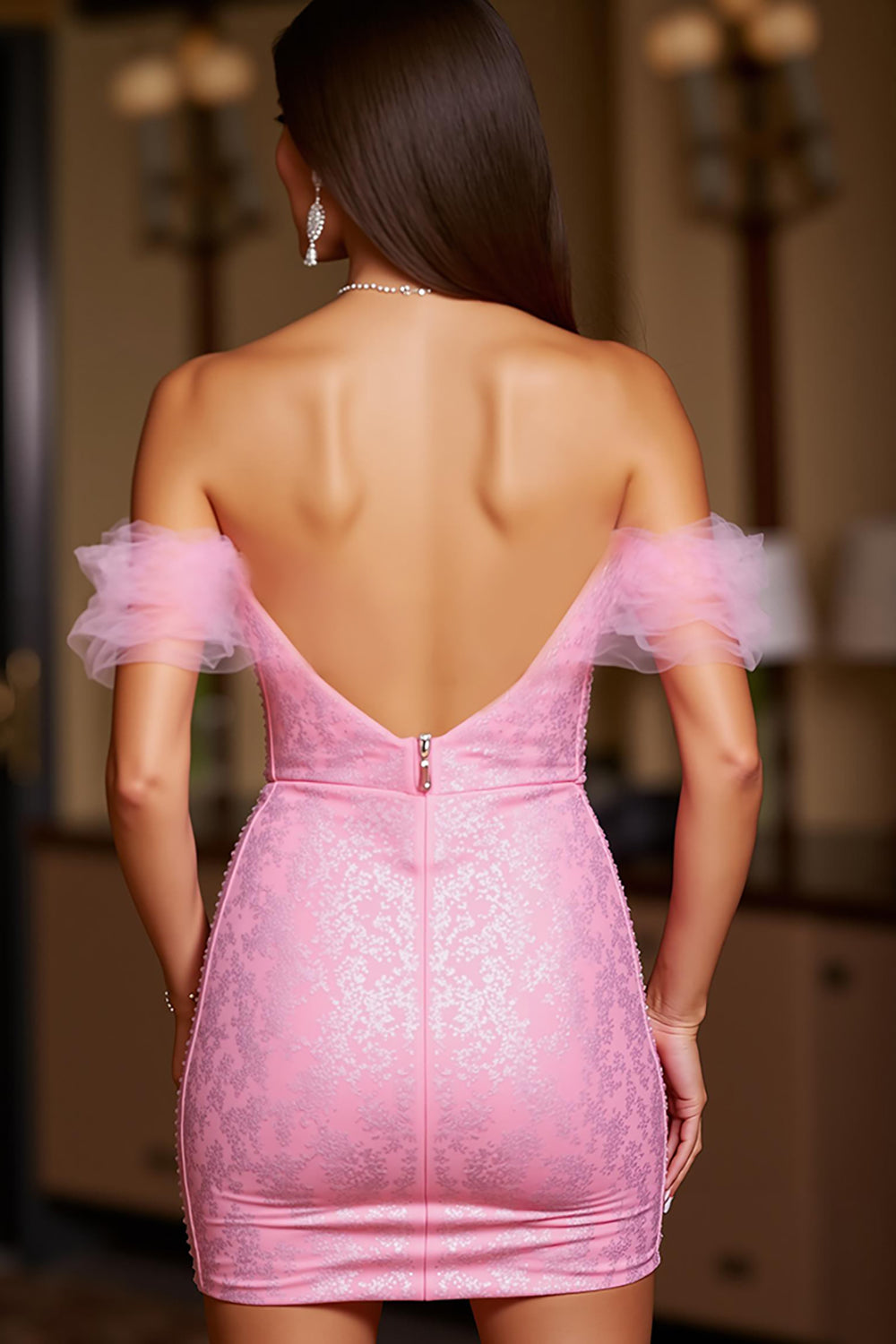 Pink Off the Shoulder Bodycon Short Lace Homecoming Dress