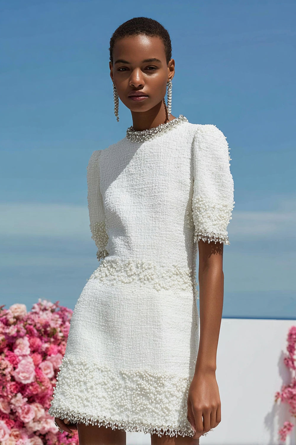 Sparkly White Tight Tweed Short Homecoming Dress with Pearls