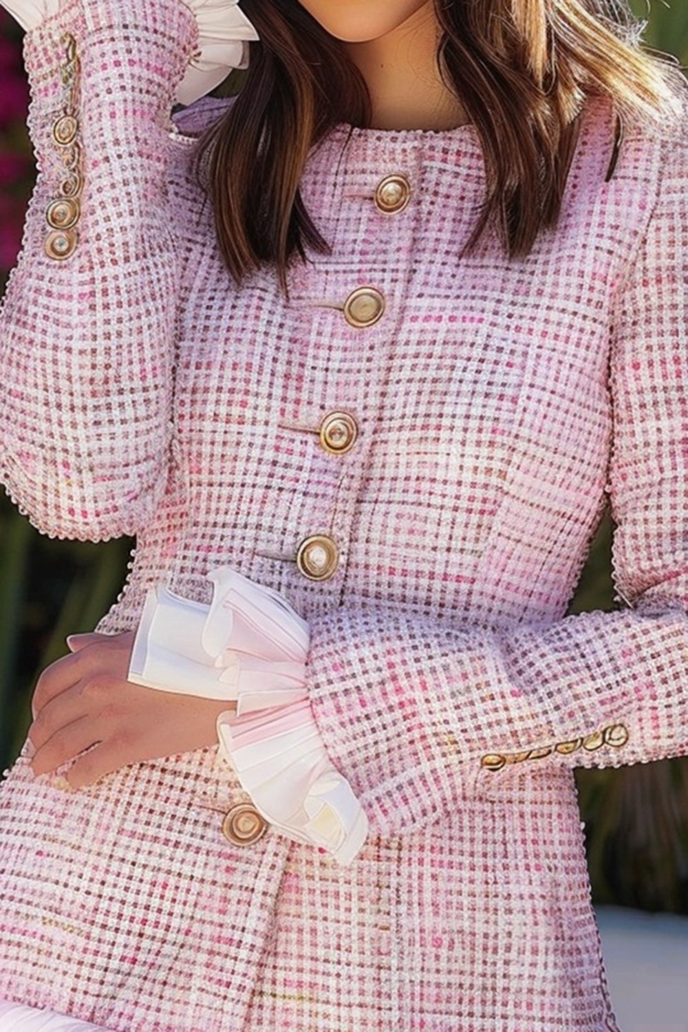 Pink Plaid Tweed Ruffled Short Tight Homecoming Dress with Buttons
