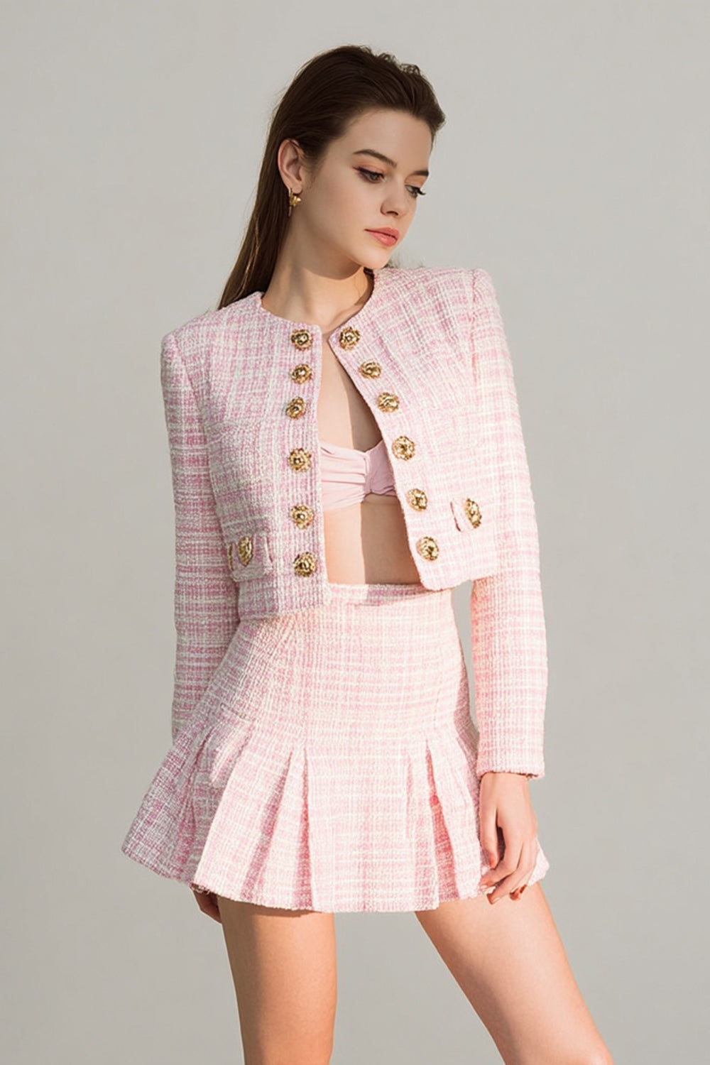 2 Piece Pink Plaid Tweed Homecoming Outfits with Buttons