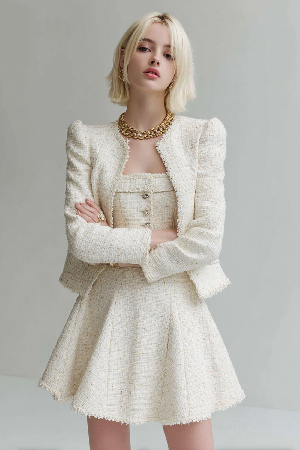 2 Piece White Tweed Long Sleeves Pageant Interview Outfits