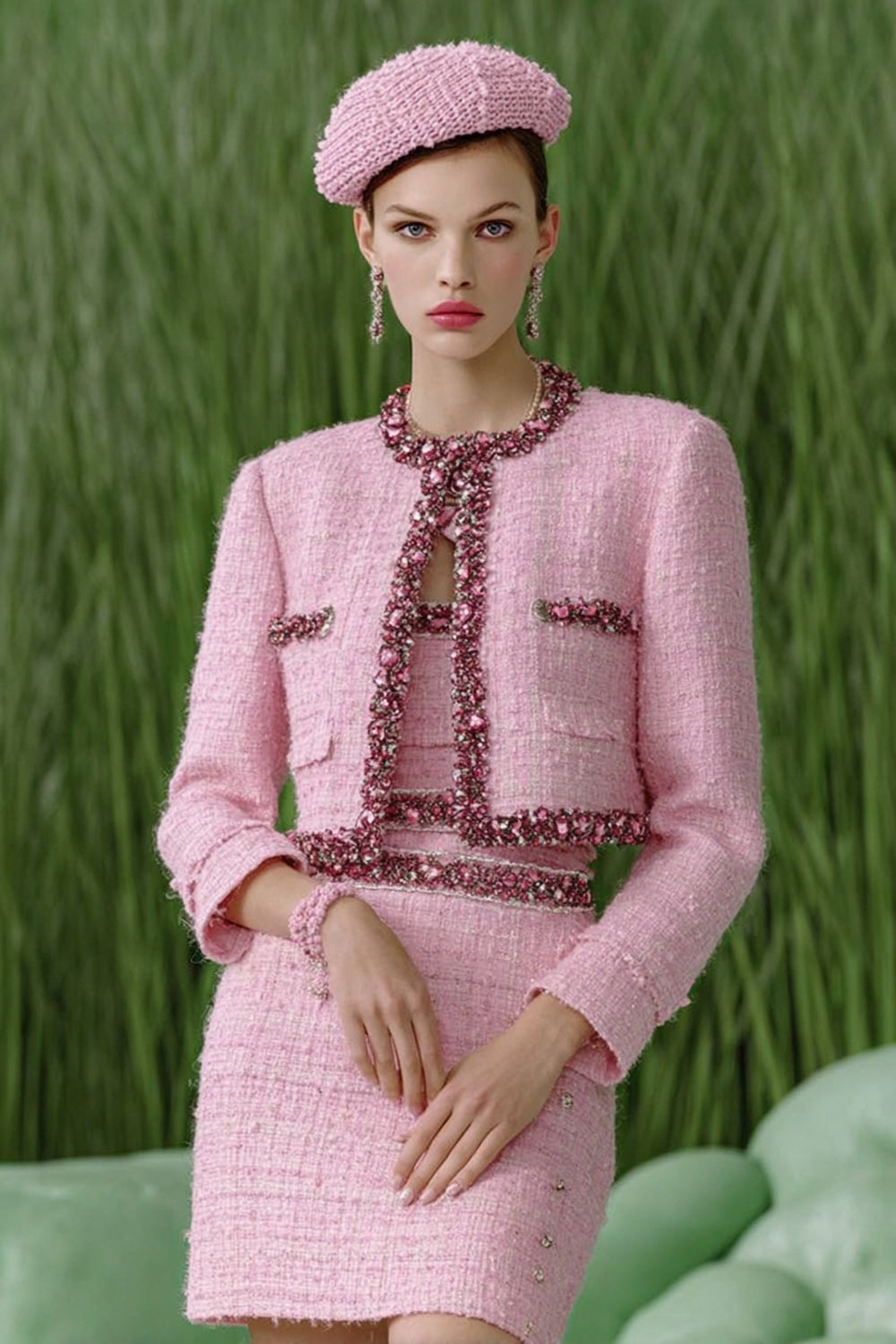 Sparkly Pink Tweed 3 Piece Homecoming Outfits with Rhinestones
