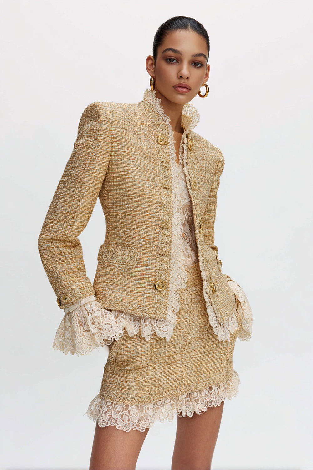2 Piece Golden Tight Tweed High Neck Short Homecoming Outfits with Lace