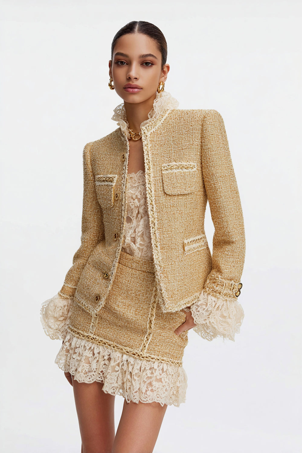2 Piece Golden Tight Ruffled Tweed Homecoming Outfits with Lace