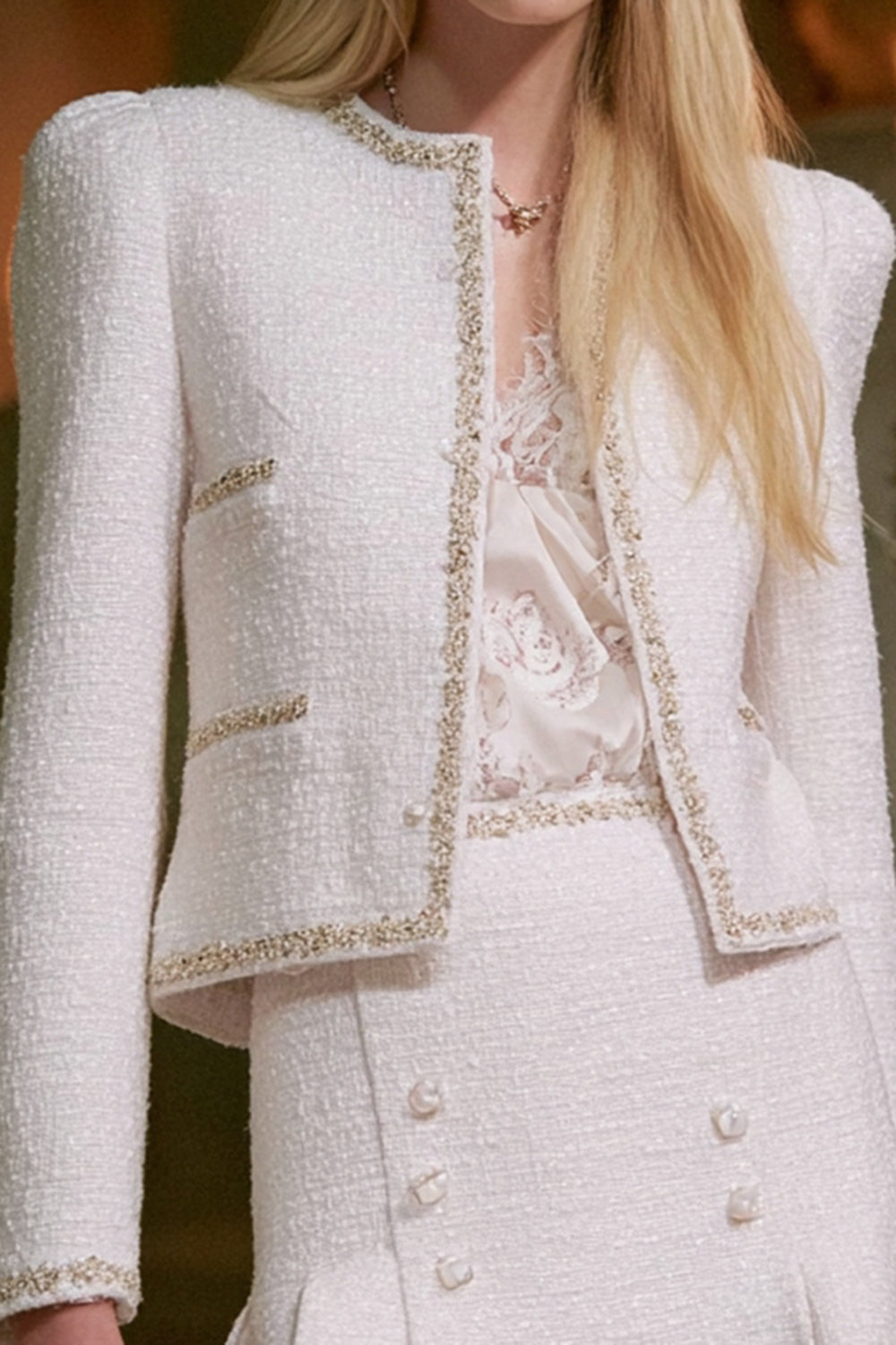 White 2 Piece Tweed Long Sleeves Homecoming Outfits with Buttons