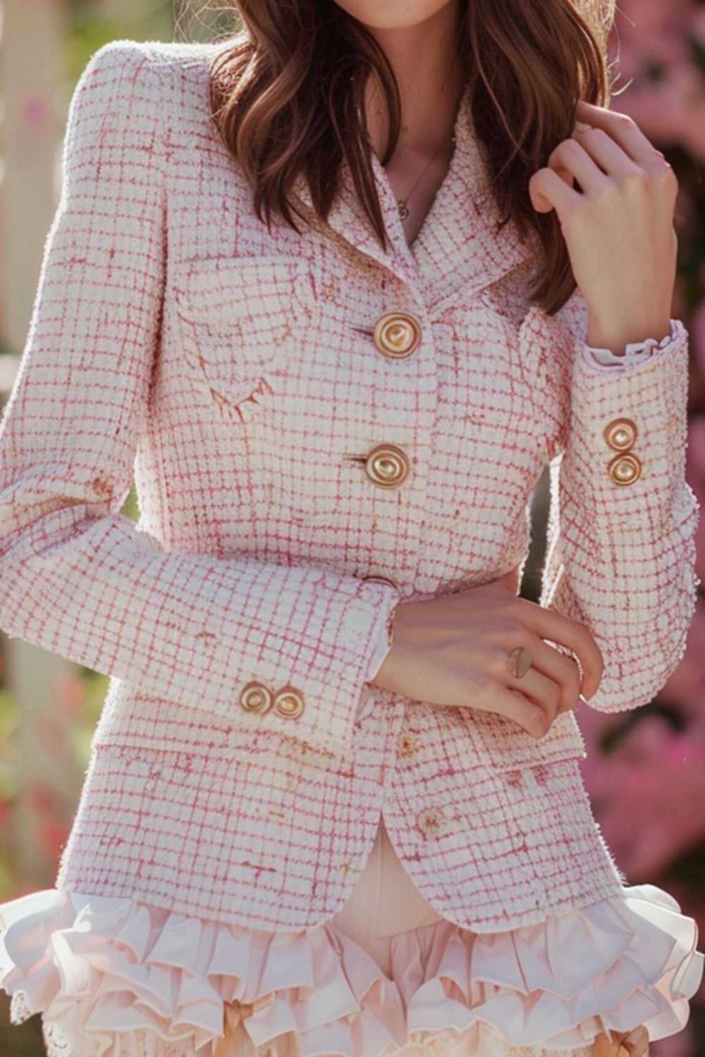 Light Pink 2 Piece Tweed Short Blazer Homecoming Outfits with Ruffles