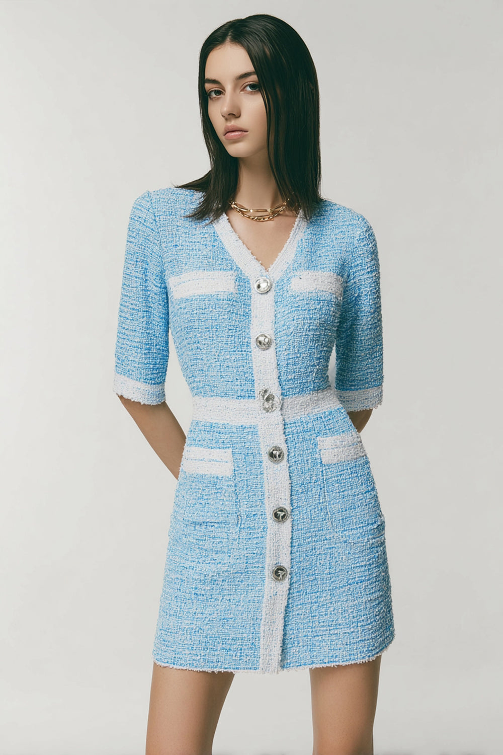 Blue Tight V-Neck Short Tweed Homecoming Dress with Pockets