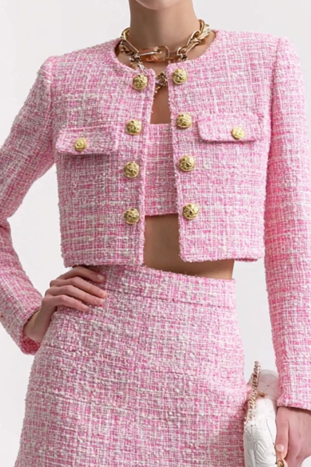 3 Piece Pink Tweed Blazer Short Homecoming Outfits with Pockets