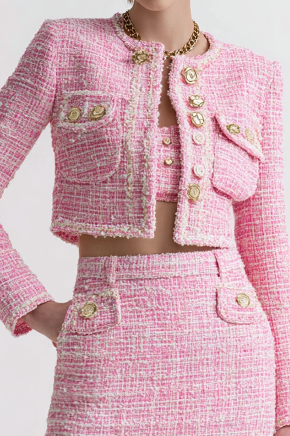3 Piece Pink Tweed Short Blazer Homecoming Outfits with Pockets