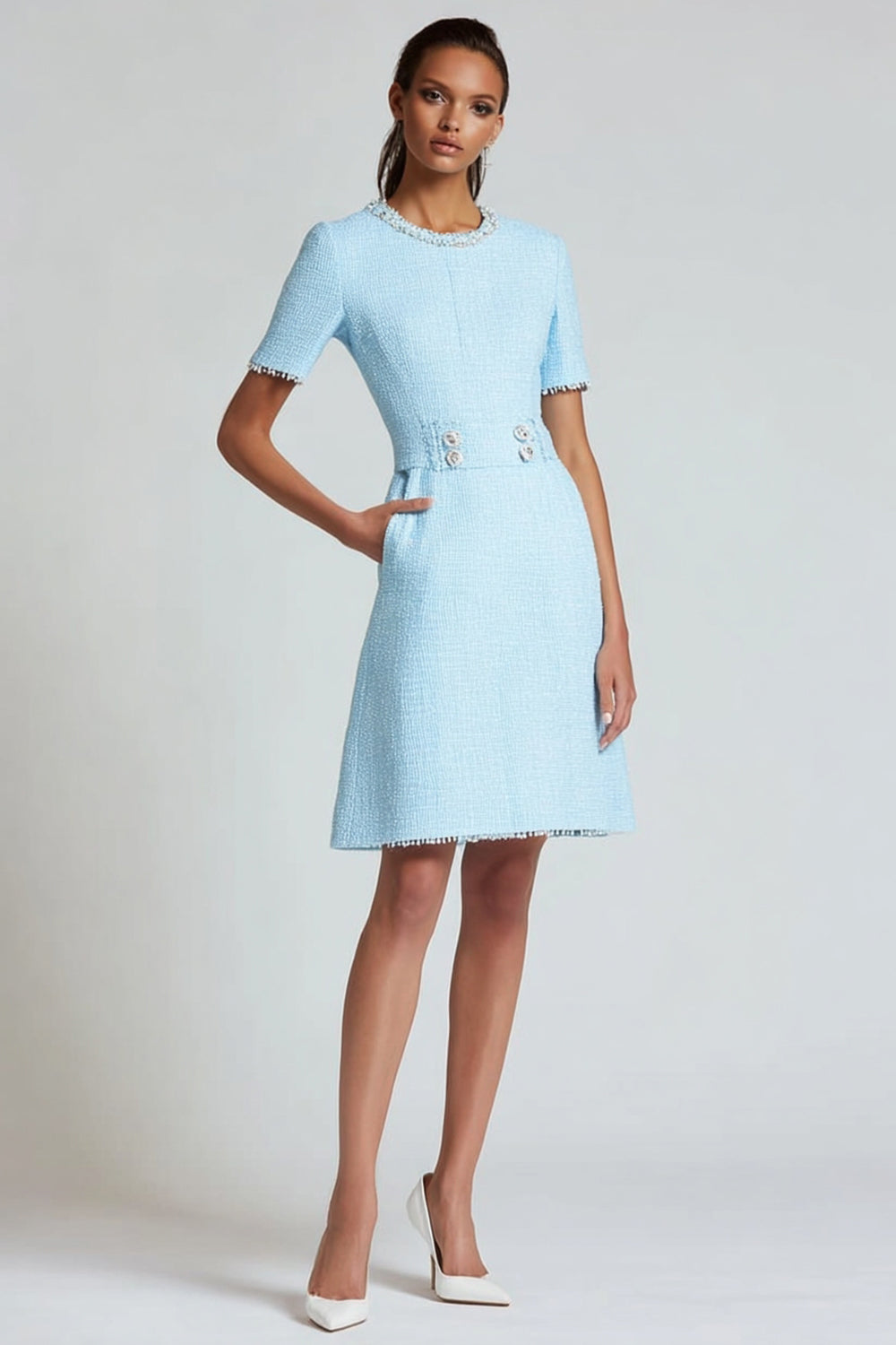 Blue A Line Round Neck Tweed Short Homecoming Dress with Sleeves