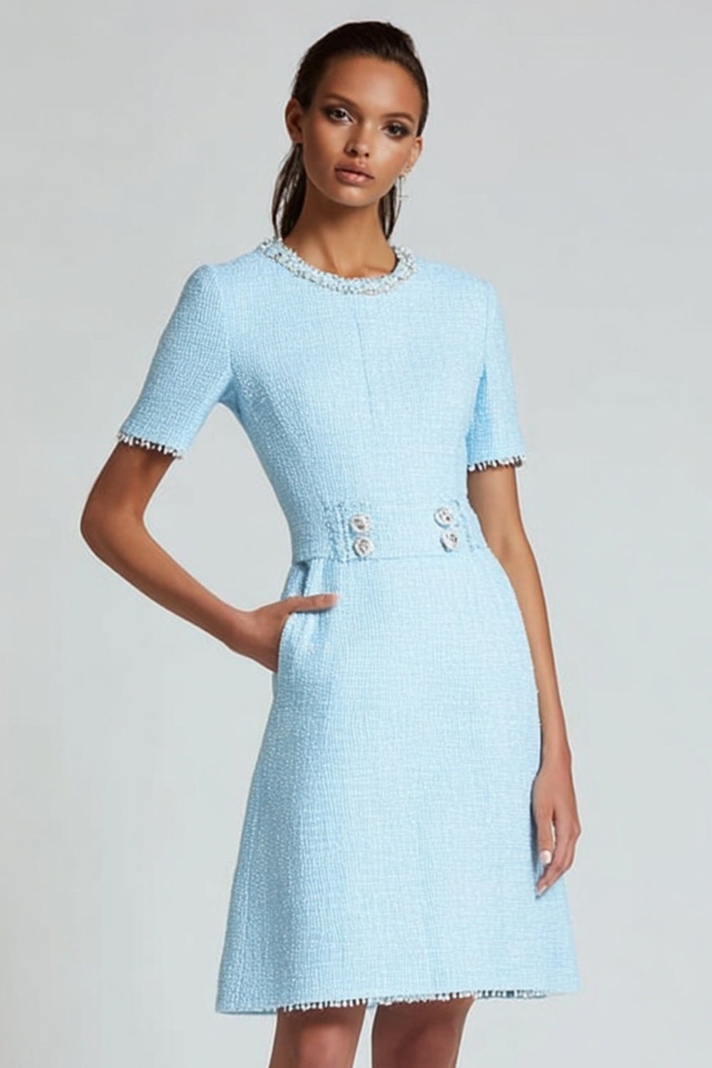 Blue A Line Round Neck Tweed Short Homecoming Dress with Sleeves