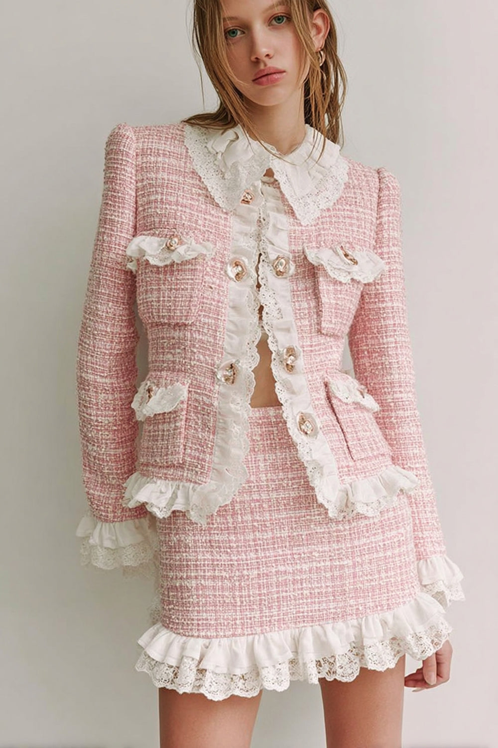 2 Piece Pink Tweed Lapel Short Blazer Homecoming Outfits with Ruffles