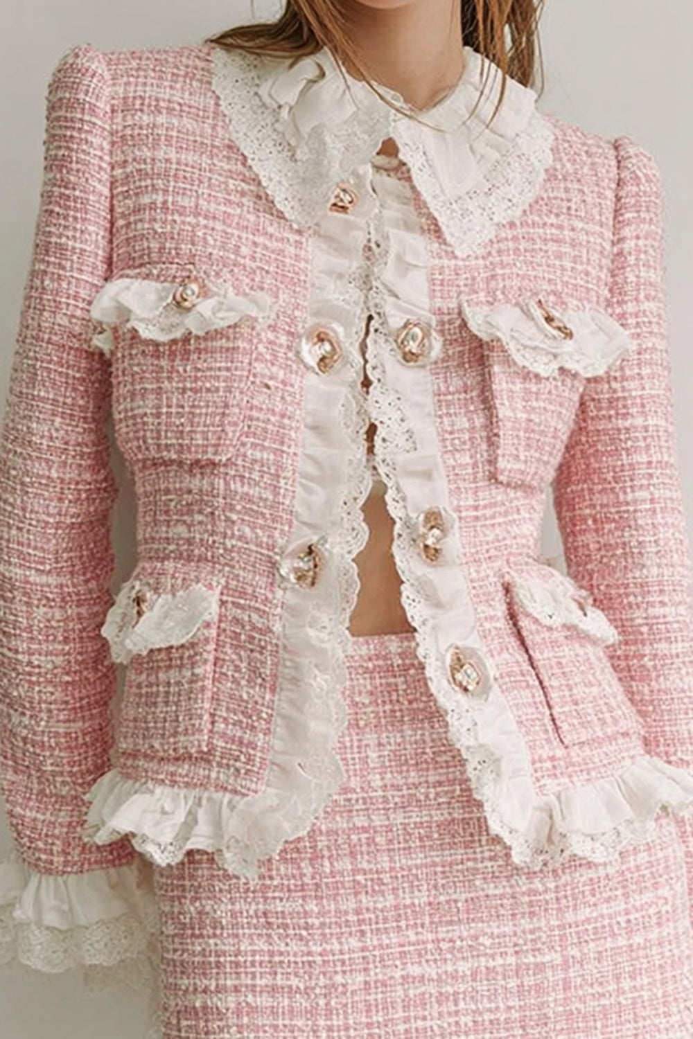 2 Piece Pink Tweed Lapel Short Blazer Homecoming Outfits with Ruffles