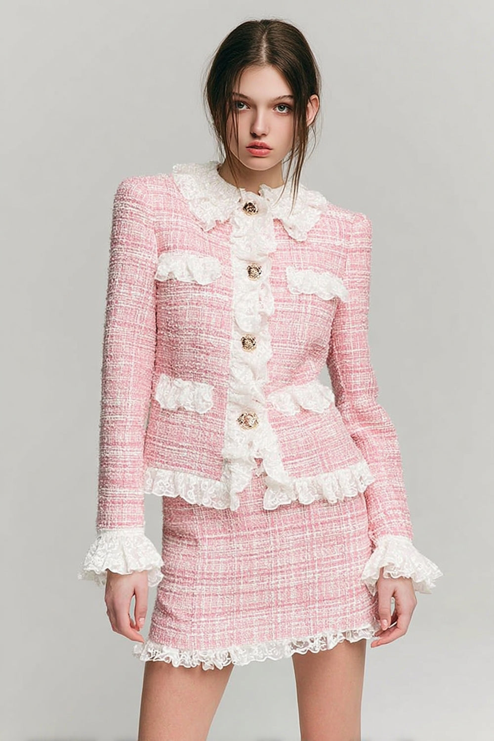 Pink Tweed 2 Piece Short Blazer Homecoming Outfits with Lace