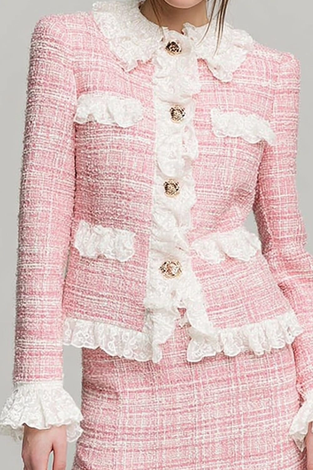 Pink Tweed 2 Piece Short Blazer Homecoming Outfits with Lace