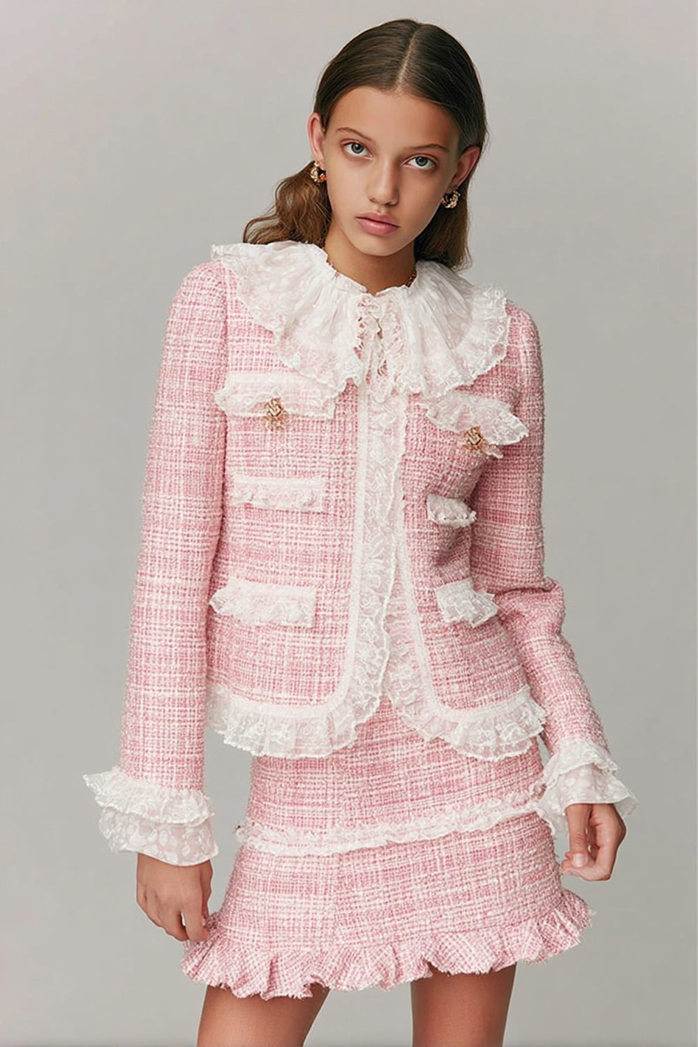 2 Piece Pink Tweed Ruffled Short Blazer Homecoming Outfits with Lace