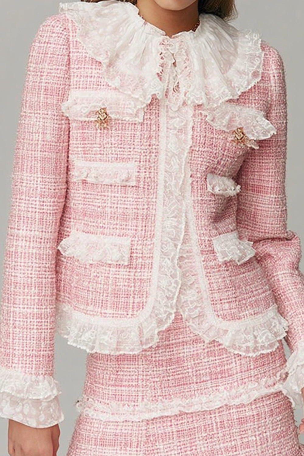 2 Piece Pink Tweed Ruffled Short Blazer Homecoming Outfits with Lace