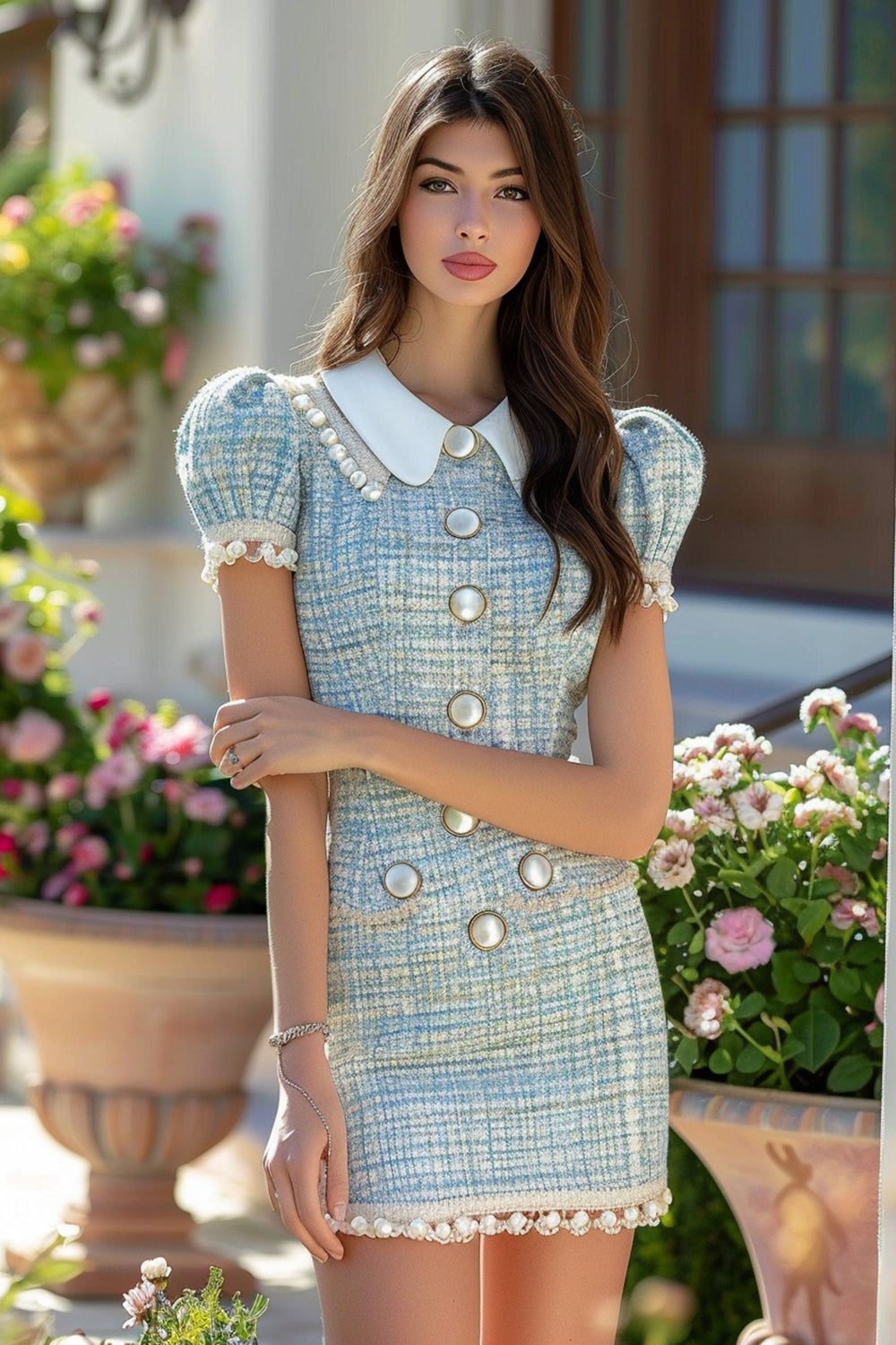 Blue Tweed Short Tight Homecoming Dress with Buttons Pearls Peter Pan Collar Pageant Interview Dress with Sleeves