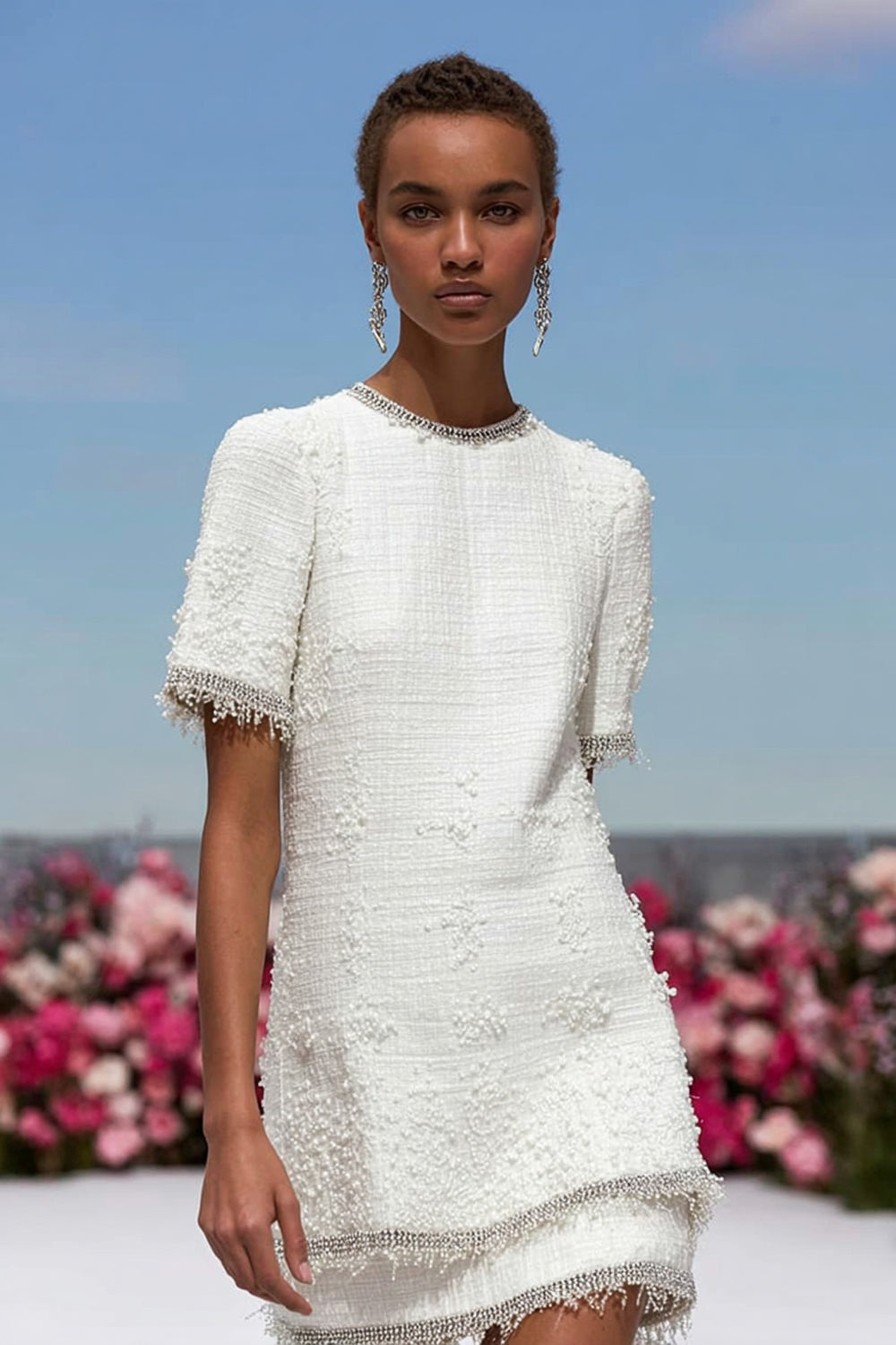 Simple White Tweed Short Tiered Homecoming Dress with Sleeves