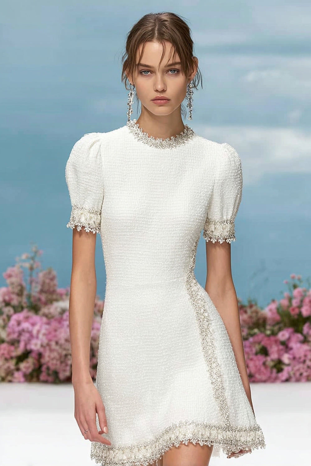 White Tweed Round Neck Short Homecoming Dress with Appliques